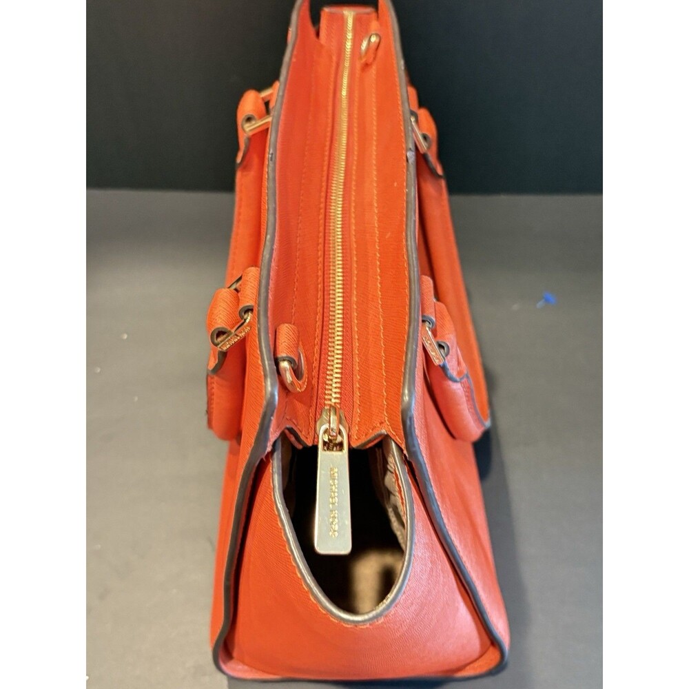 Michael Kors Selma Medium Saffiano Leather Satchel Bag Orange Gold Hardware - Picture 7 of 8